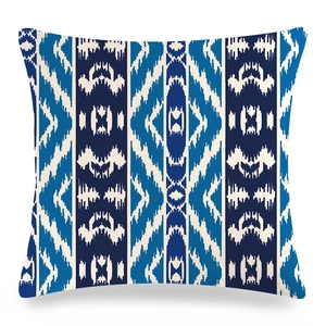 Navy blue and beige geometric wave pattern linen throw pillow cover for home sofa decor
