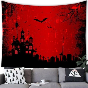 Detail van Halloween wandtapijt met spookhuis en vleermuizen voor de woonkamer