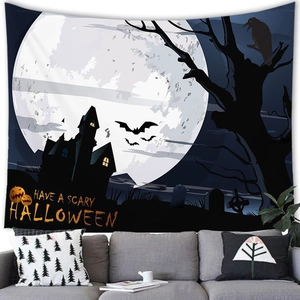 Halloween-wandtapijt met silhouet van spookkasteel en pompoenen voor wanddecoratie