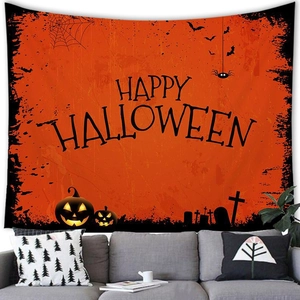 Halloween wandkleed met Happy Halloween tekst, vleermuizen en oranje pompoen lantaarns