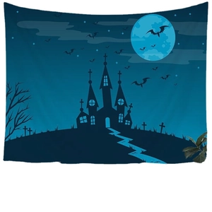 Halloween wandkleed met gotisch kasteel, volle maan en vleermuizen op blauw decor