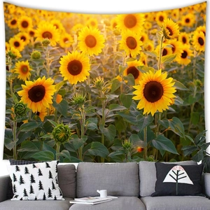Detail of high-definition sunflower field print on soft polyester wall tapestry
