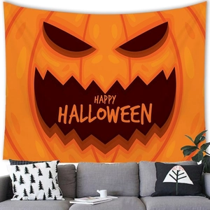 Λεπτομέρεια ταπισερί κολοκύθας Halloween με κείμενο πάνω από μοντέρνο καναπέ