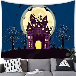 Ταπετσαρία Halloween με κάστρο και πανσέληνο πάνω από έναν μοντέρνο γκρι καναπέ