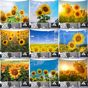 Sunflower Landscape Tapestry Wall Hanging Blue Sky White Clouds Polyester Fabric Scenery Art For Living Room Home Decor