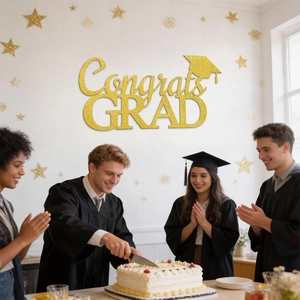 Golden glitter Congrats GRAD banner with mortarboard for graduation party wall decoration