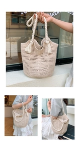 Detail of cream crochet tote bag featuring hollow mesh weave and stylish tassel accents