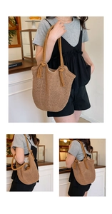 Detail of hand-woven hollow knit tote bag featuring a decorative tassel knot and shoulder strap