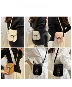Detail view of five crossbody phone bags showing flip lids and round buckles in multiple colors