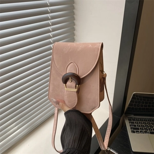 Vintage PU Leather Small Crossbody Bag For Women Retro Wood Buckle Flip Phone Bag Minimalist Square Shoulder Bag