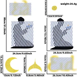 Guide des tailles pour stickers muraux étoile lune noir et or avec dimensions détaillées