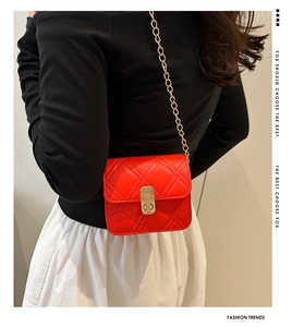 Model wearing a red quilted leather chain bag over the shoulder with a gold buckle