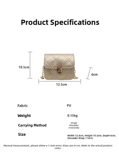 Detailed size parameters of champagne gold quilted mini crossbody bag with dimensions