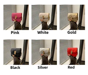 Collection of quilted mini crossbody bags in six vibrant colors with gold chain straps