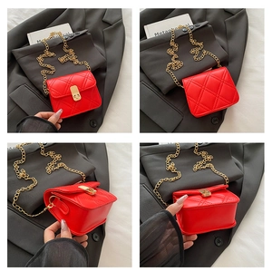 Detailed views of red quilted mini crossbody bag with gold chain and turn-lock