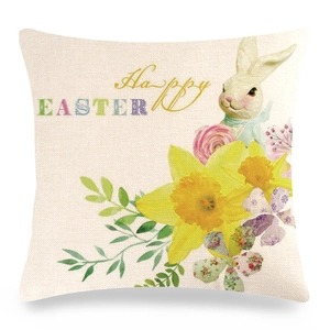 Détail de la taie d'oreiller de Pâques en lin avec lapin, fleurs et texte Happy Easter
