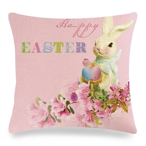 Détail de la taie d'oreiller de Pâques en lin avec fond rose et motif lapin