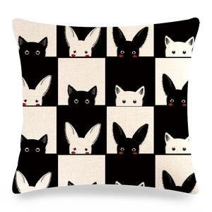 Easter rabbit and cat silhouette plaid pattern linen throw pillow cover on white background