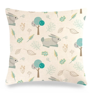 Easter bunny linen pillowcase with forest tree patterns on a white background