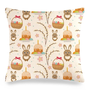 Detailed view of woven linen fabric texture and Easter rabbit print on square cushion cover