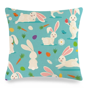 Detailed texture of square linen Easter pillowcase with bunny and carrot prints