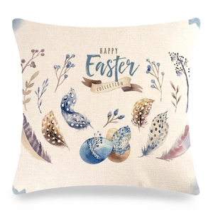 Detail of linen Easter pillowcase featuring watercolor eggs and feathers pattern