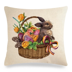 Detailed texture of linen Easter pillowcase featuring brown bunny and colorful egg basket