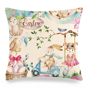 Easter linen pillow cover with cute watercolor bunnies and Easter wooden sign design