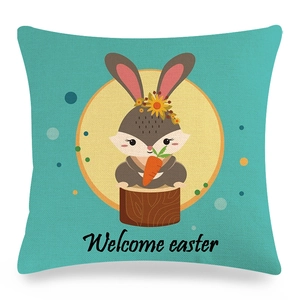 Lake blue linen Easter pillow cover with bunny wreath and Welcome Easter print