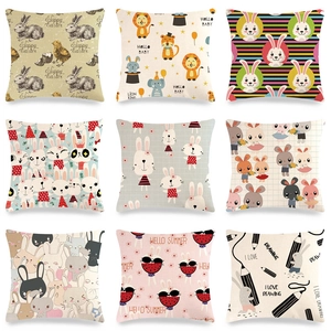 Nine Easter bunny and cartoon animal linen pillow covers in a professional grid display