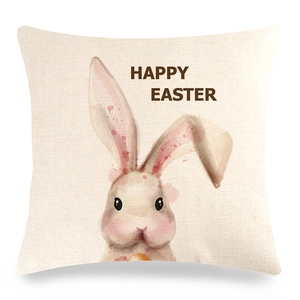 Federa per cuscino pasquale in lino con coniglio acquerello e scritta Happy Easter