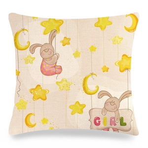 Detailed texture of square linen pillowcase with cartoon rabbit, stars and moon patterns