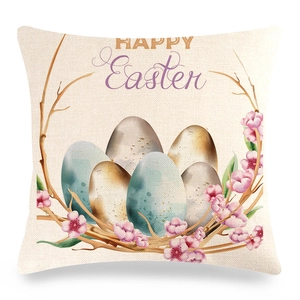 Dettaglio ravvicinato del tessuto in lino con uova di Pasqua e decorazioni floreali