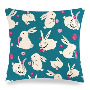 Easter bunny and colorful eggs pattern on navy blue linen pillowcase for home decor