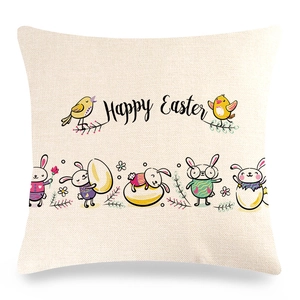 Detailansicht der Leinenstruktur und Osterhasen-Druck auf dem Sofa-Kissenbezug