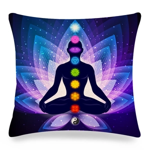 Macro texture of linen mandala cushion cover featuring chakra yoga meditation silhouette