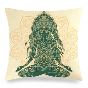 Detail of Ganesha and Mandala print on square linen blend cushion cover fabric