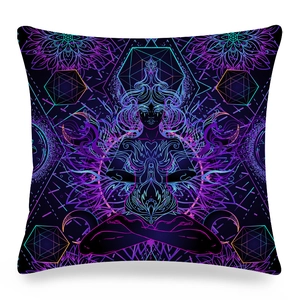 Detail of mandala cushion cover with neon purple meditation figure and sacred geometry