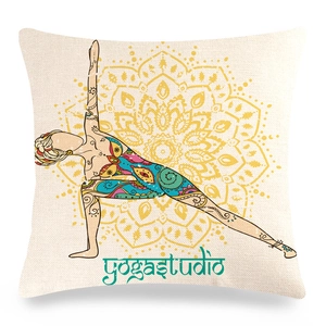 Detail of yoga studio linen pillowcase with colorful mandala print and clear texture