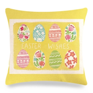 Detailed texture of yellow linen pillow case with Easter eggs and Easter Wishes text