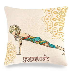 Close-up of linen yoga cushion cover with mandala yoga studio print and fiber texture
