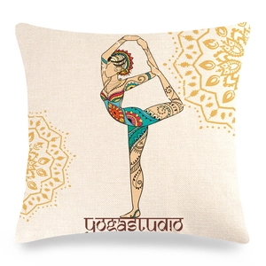 Detail of yoga studio mandala linen pillowcase featuring a female pose print