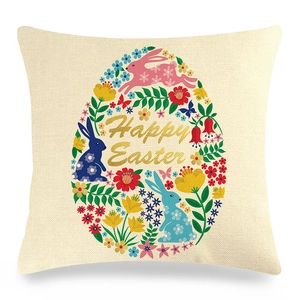 Detailed texture of linen Easter pillowcase featuring Happy Easter floral bunny print