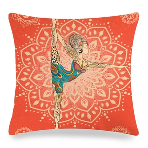 Close-up of textured linen mandala cushion cover featuring a yoga silhouette design