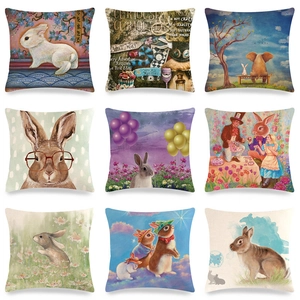 Taie d'Oreiller en Lin Lapin Pastoral de Pâques Housse de Coussin Animaux Dessins Animés Vintage pour Canapé Lit Décoration Maison