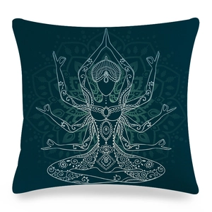 Detail of teal mandala cushion cover with white yoga meditation line art print