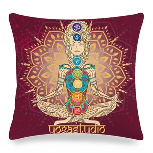 Detailed view of mandala linen pillowcase with meditating woman and 7 chakra symbols