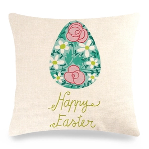 Macro shot of linen fabric texture featuring a colorful Easter egg and Happy Easter text