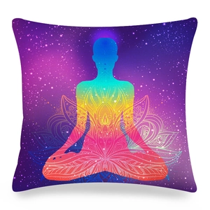 Detailed texture of square linen pillowcase with purple nebula and yoga silhouette