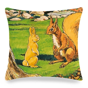 Housse de coussin carrée en lin avec illustration de lapin de Pâques et d'écureuil